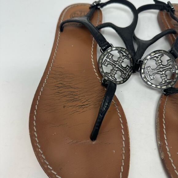 Tory Burch Violet Thong Sandals Black Crystal Logo Size 7.5 Leather Ankle Strap